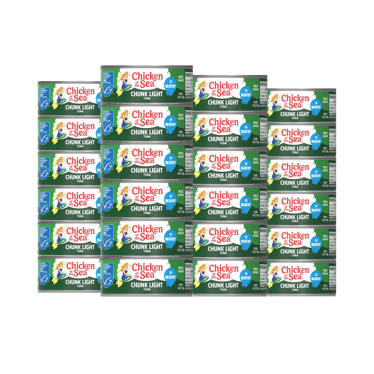 Chicken of the Sea frente del empaque mostrando el pack de 24 unidades y conveniencia
