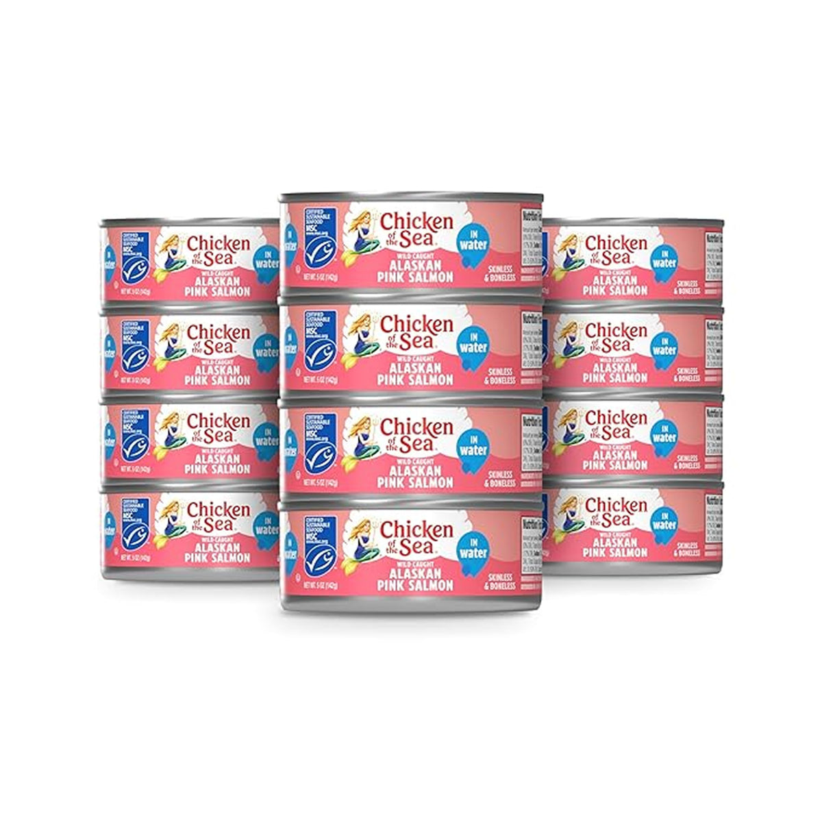 Chicken of the Sea front packaging showing 12-count salmon cans and convenience