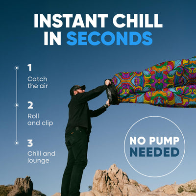 Chillbo persona hinchando sofá sin bomba demostrando montaje rápido y simple