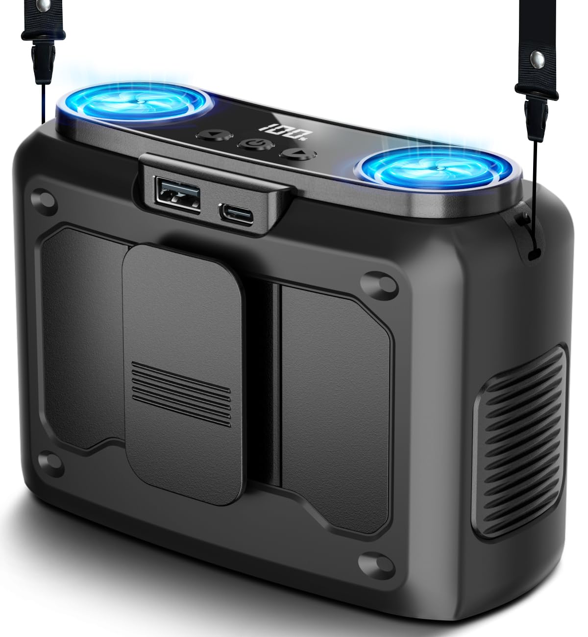 chillgo vista frontal del ventilador con diseño compacto y portátil