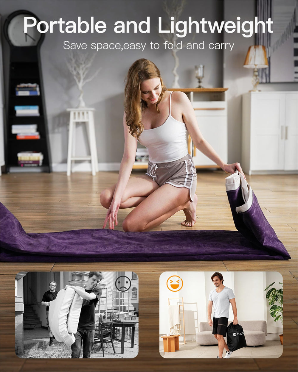 CHILLSUN mattress next to chairs to show twin size scale and fit