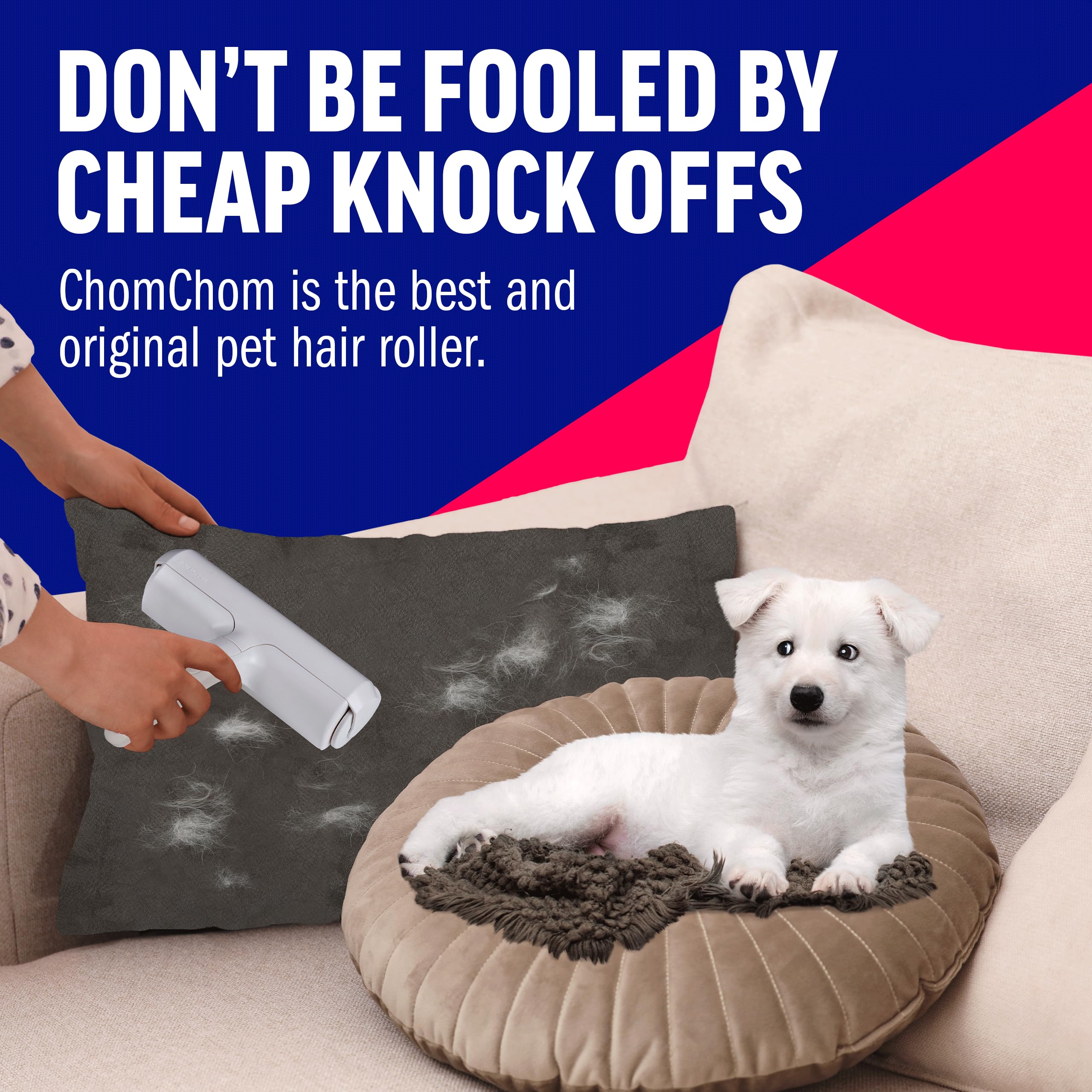 ChomChom Roller junto a mascota ilustrando hogar ordenado y sin pelusas