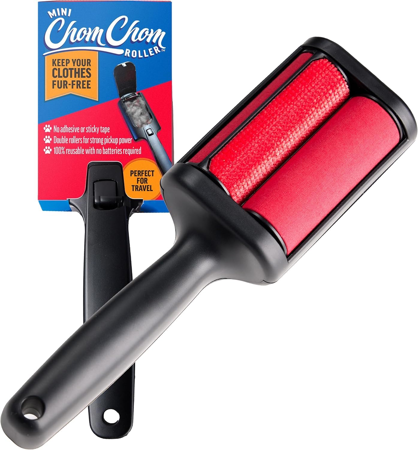 ChomChom Roller frente y packaging mostrando producto portátil y ecológico