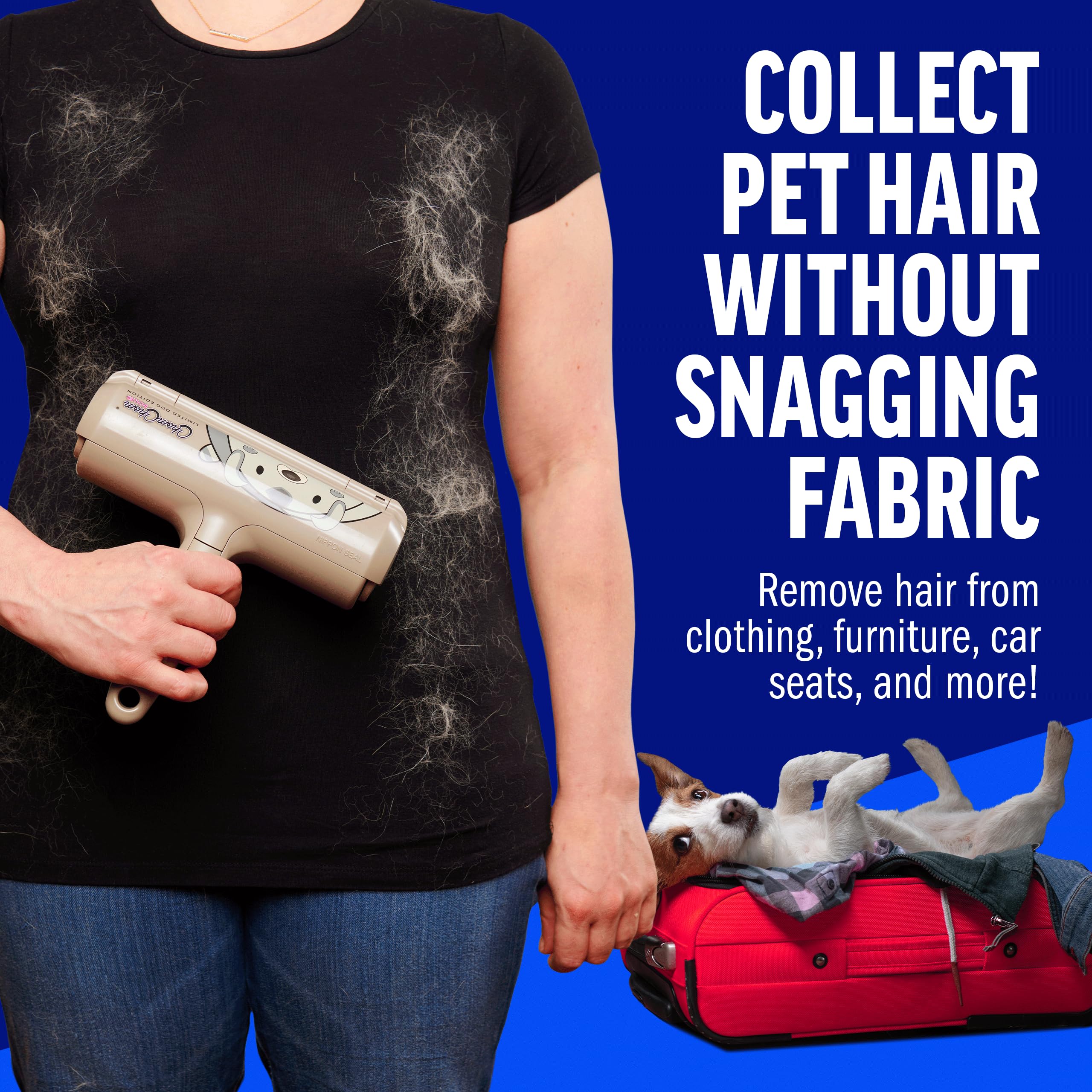 ChomChom Roller clearing pet fur from car seat for fresher travel interiors