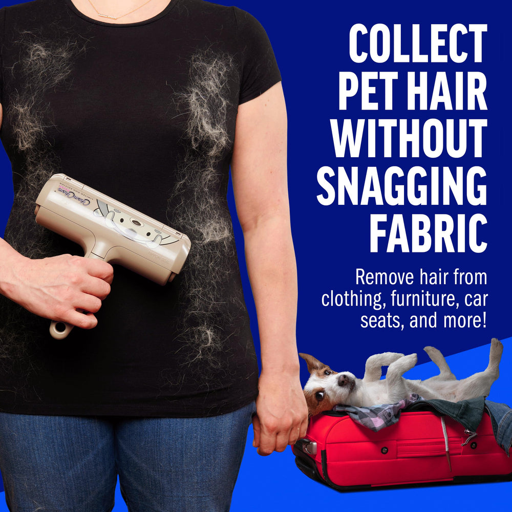 ChomChom Roller clearing pet fur from car seat for fresher travel interiors