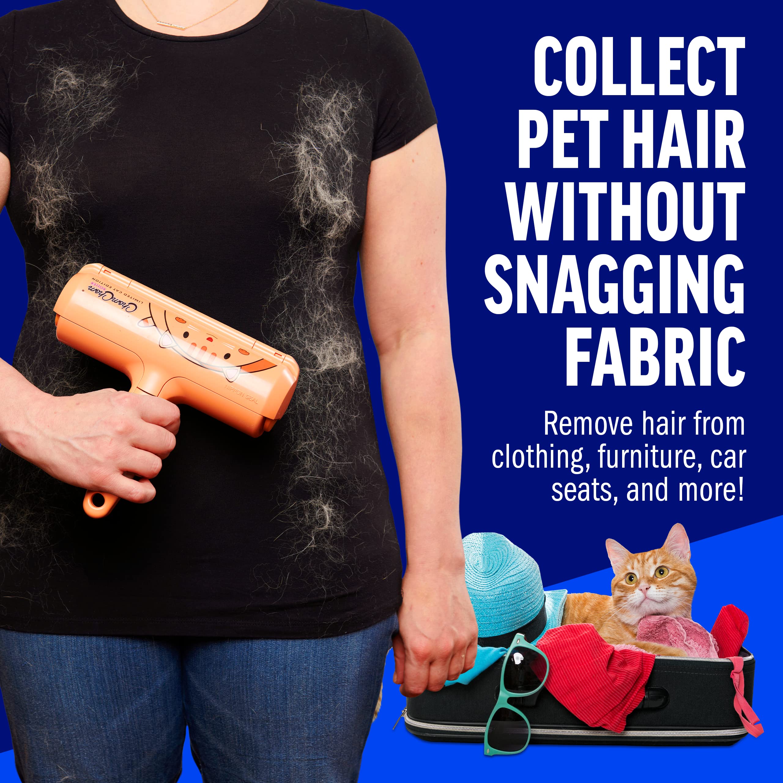 ChomChom Roller beside pet bed showing deep-hair removal and fabric-safe use