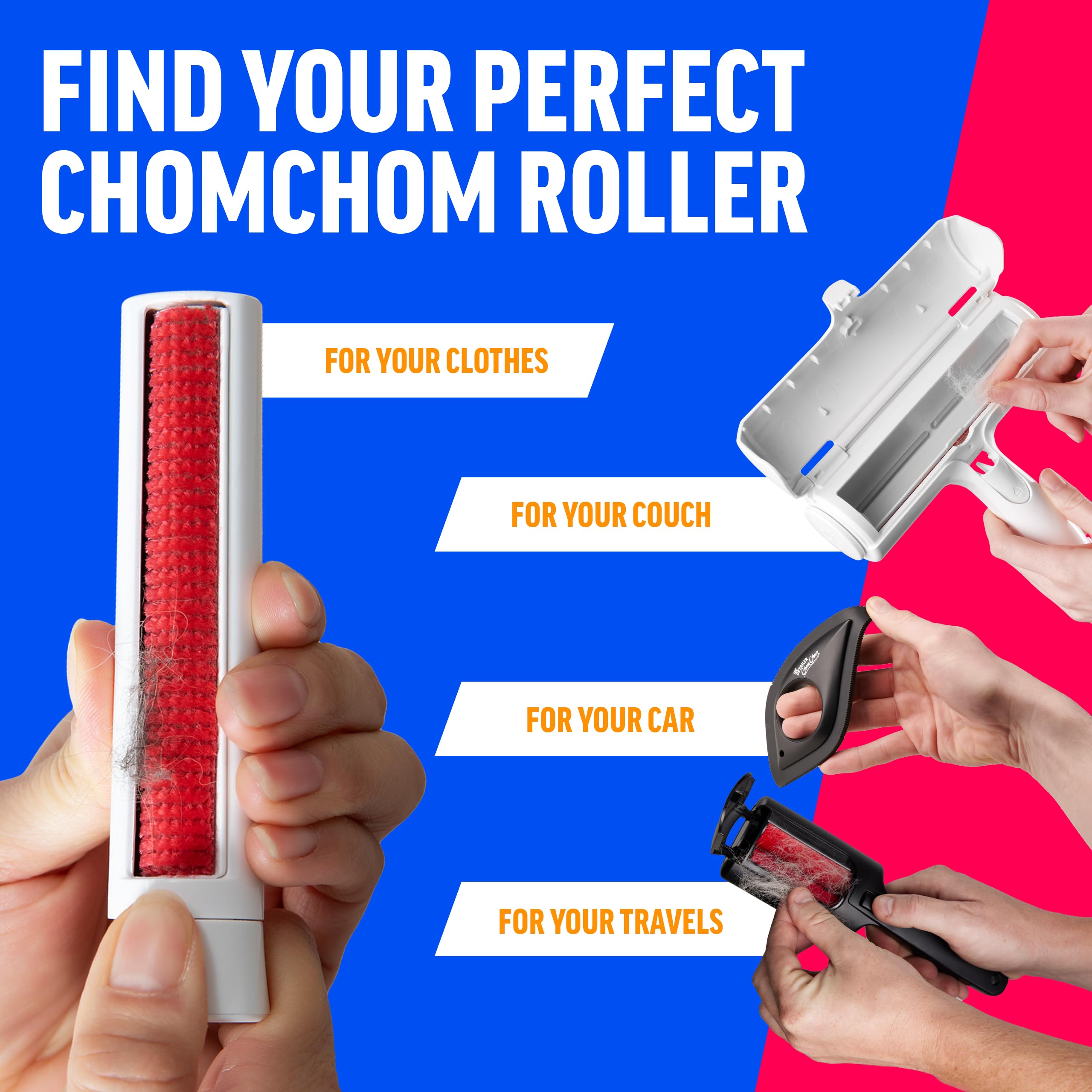 ChomChom Roller comparado con mano para ver tamaño portátil y cómodo