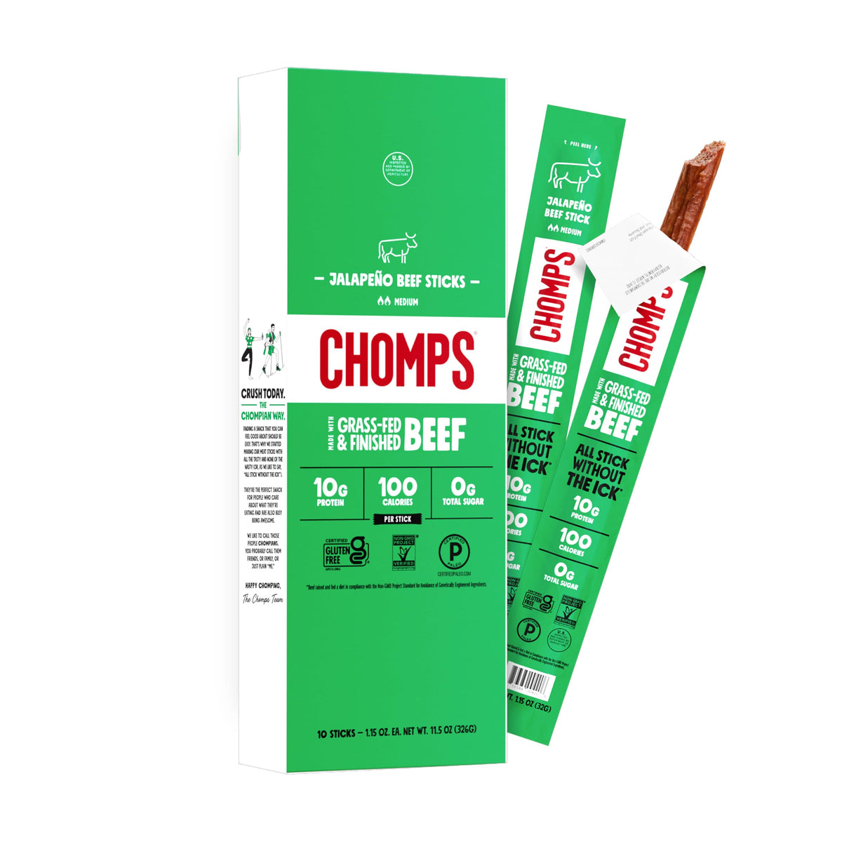 Chomps front packaging showing product and benefits