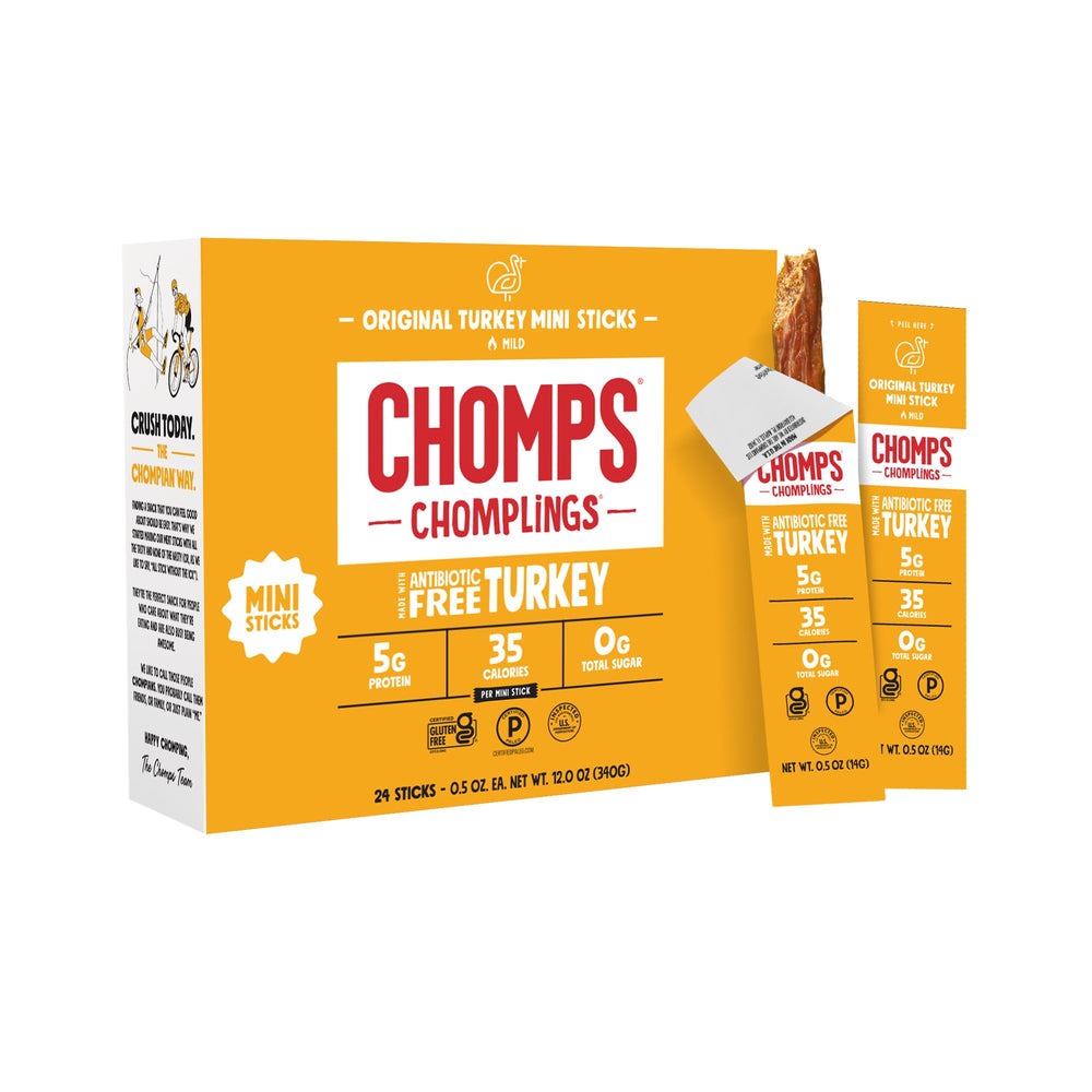 Chomps front packaging showing 24-count box and convenient grab-and-go benefit