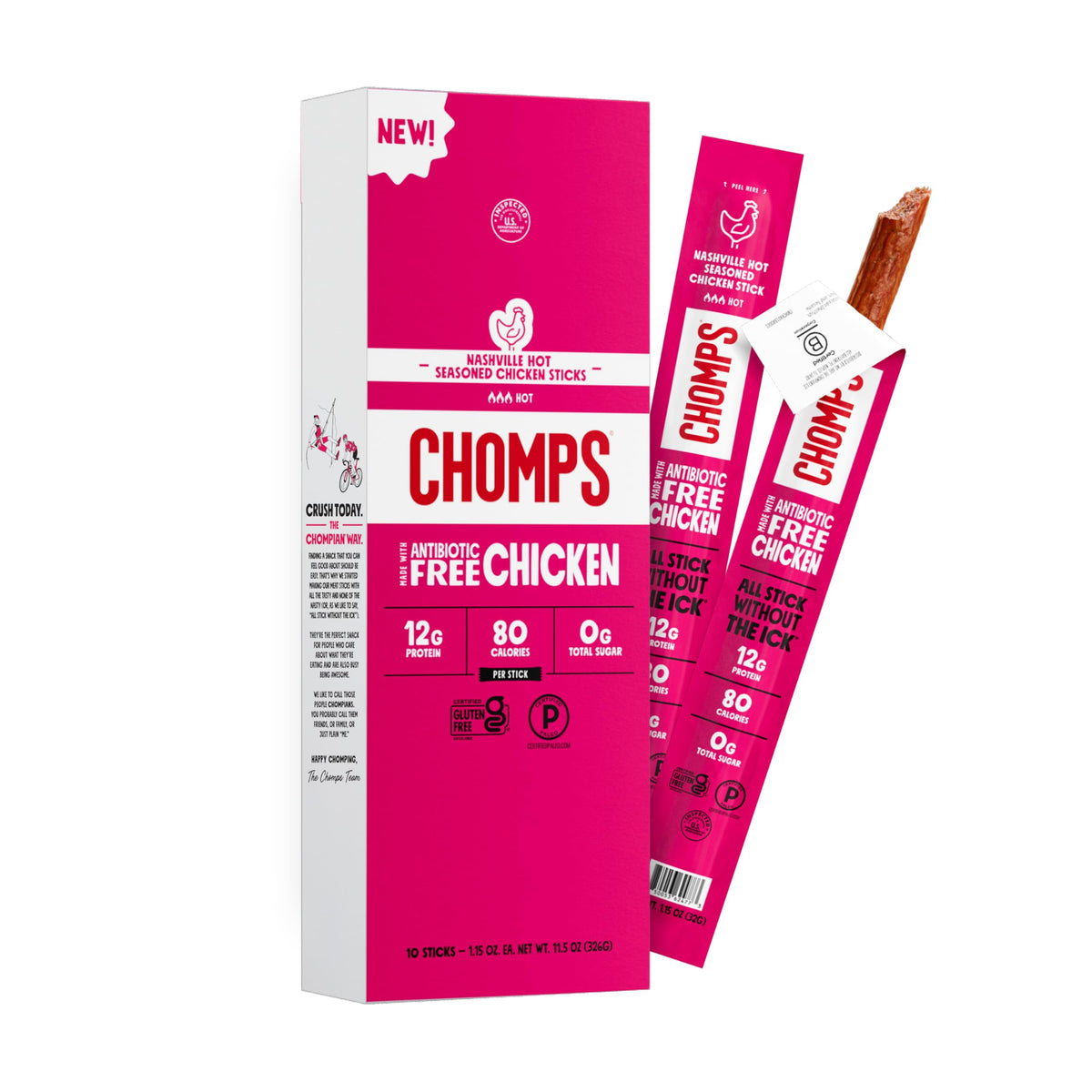 Chomps empaque frontal mostrando 10 palitos y beneficios nutricionales