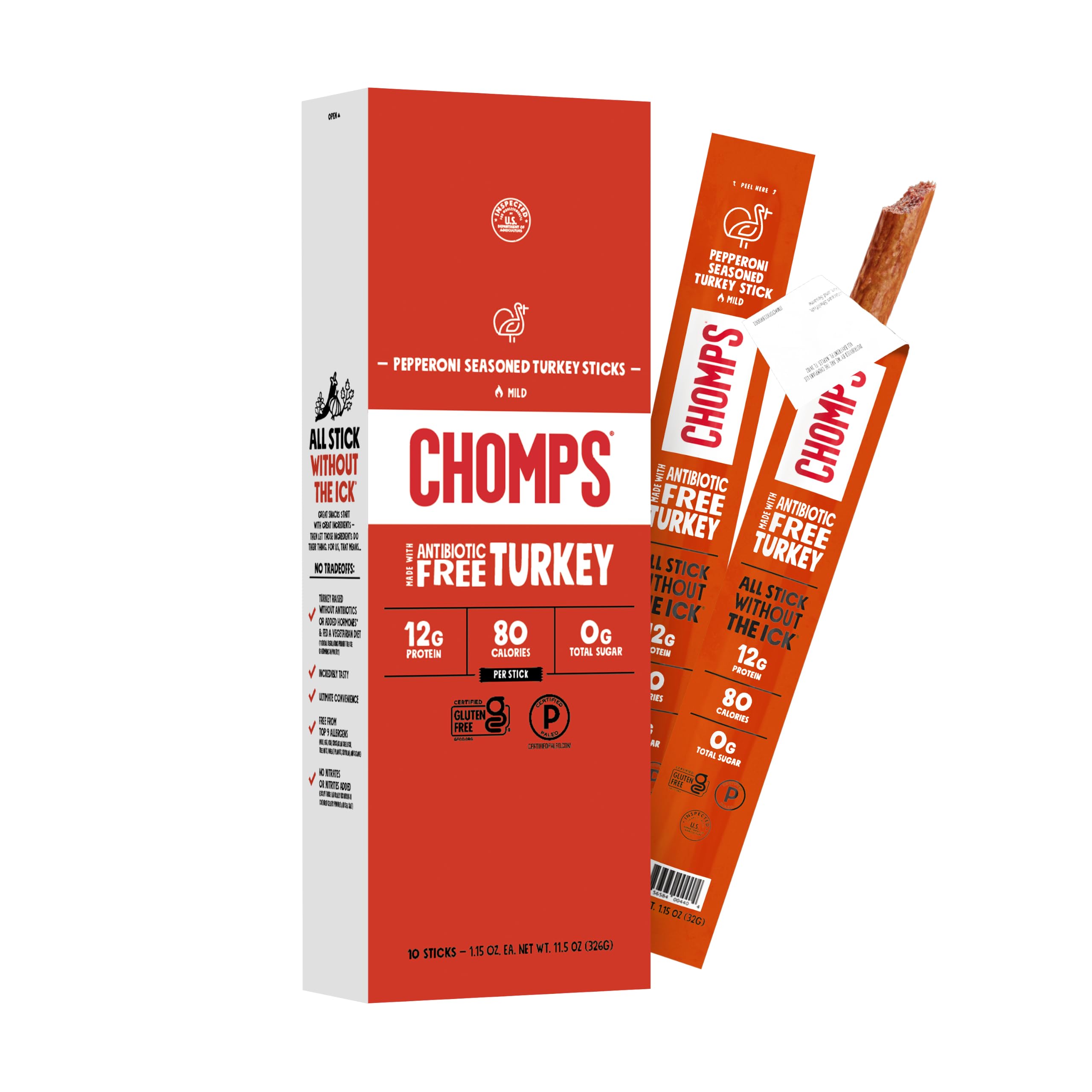 Chomps empaque frontal mostrando 10 sticks y conveniencia