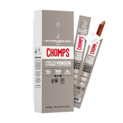 Chomps frontal del empaque mostrando 10 sticks y beneficios claros