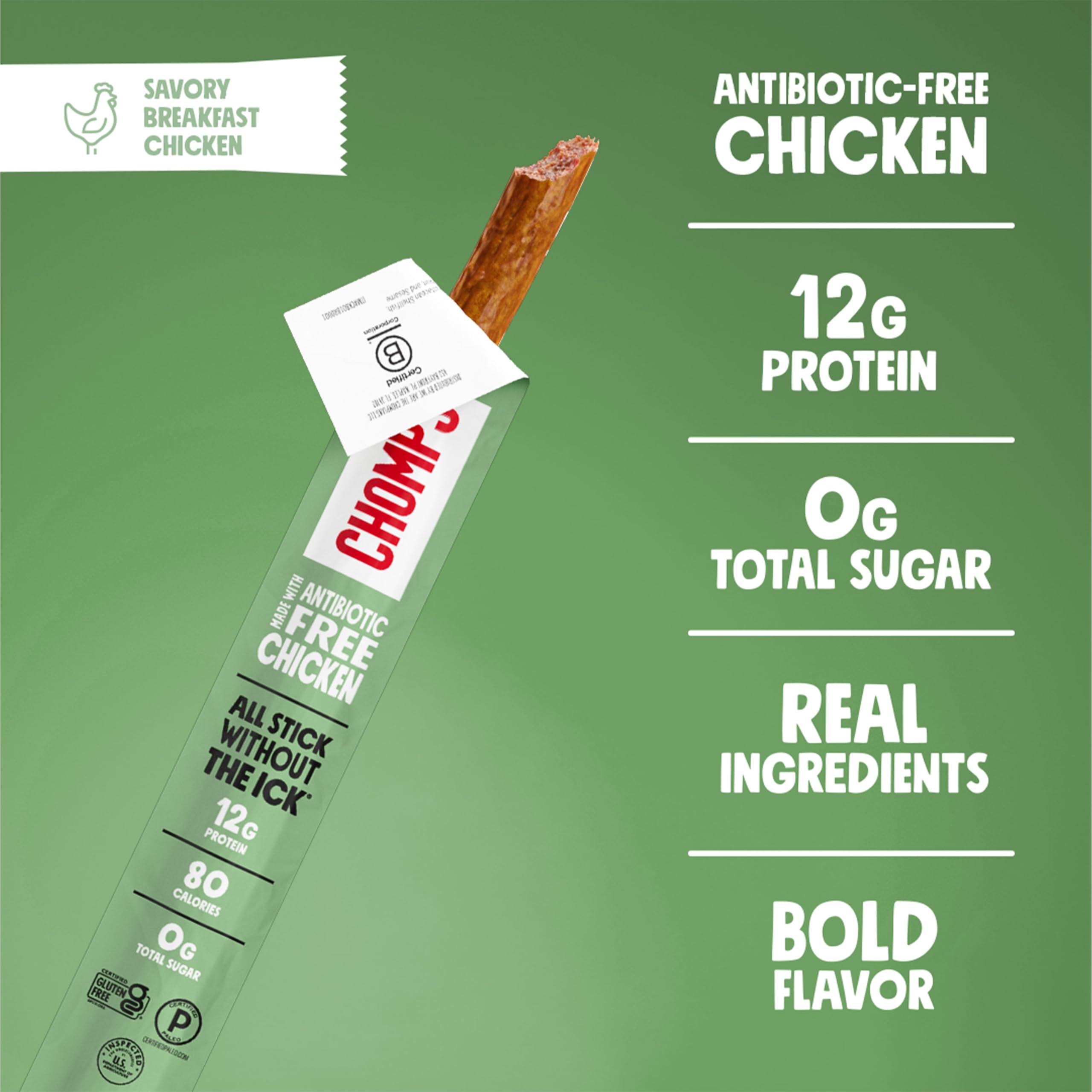 Chomps etiqueta nutricional para confirmar 12 g proteína y 0 g azúcar