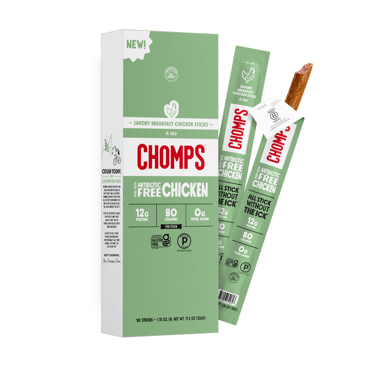 Chomps frente del empaque mostrando caja de 10 unidades y conveniencia