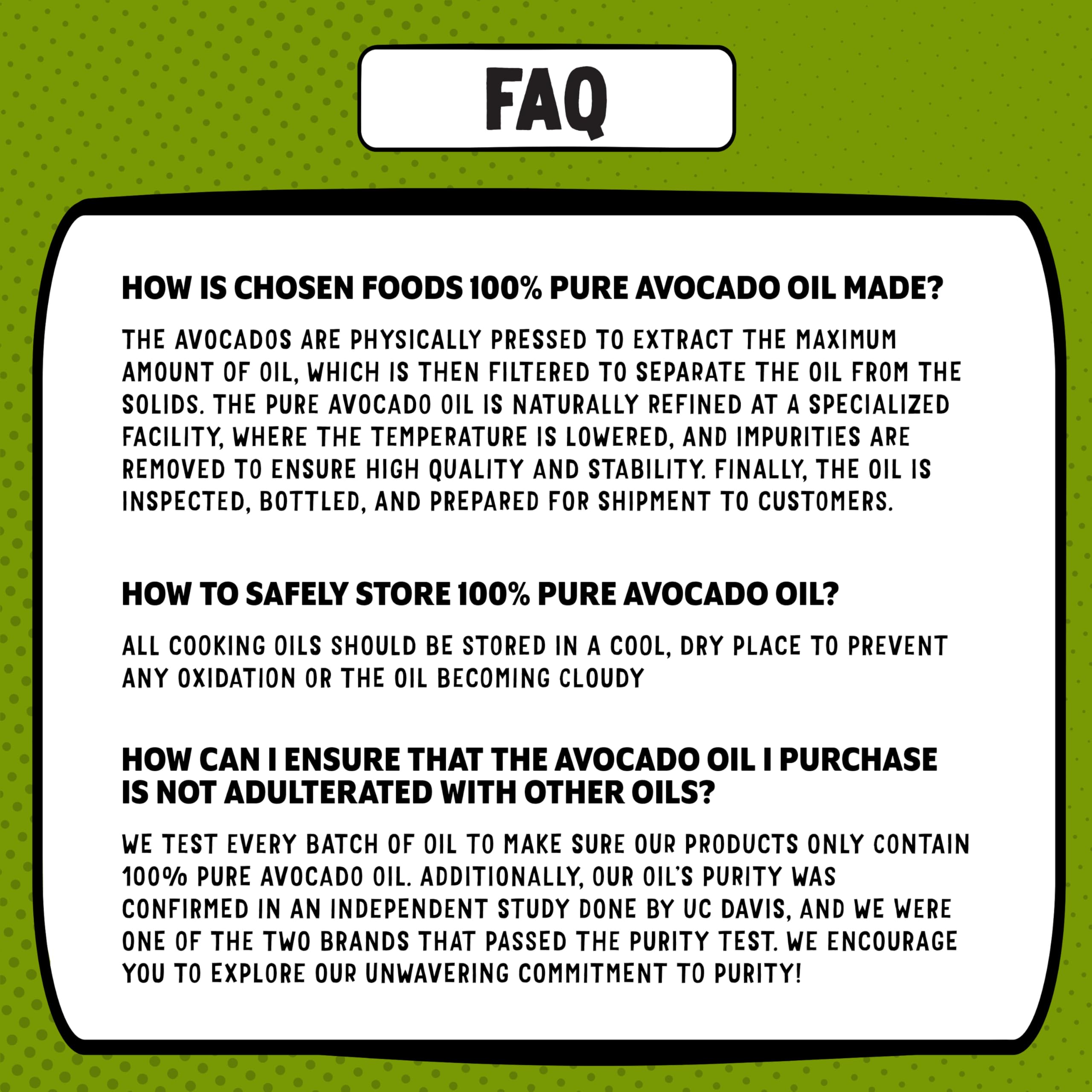 Chosen Foods etiqueta con ingredientes y certificaciones, confirma pureza y no OGM