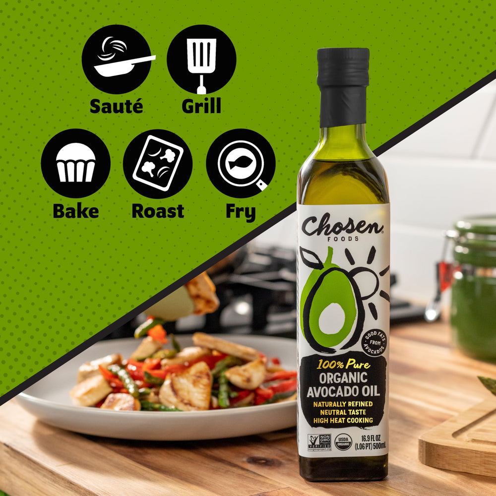 Chosen Foods botella junto a referencia para escala y tamaño