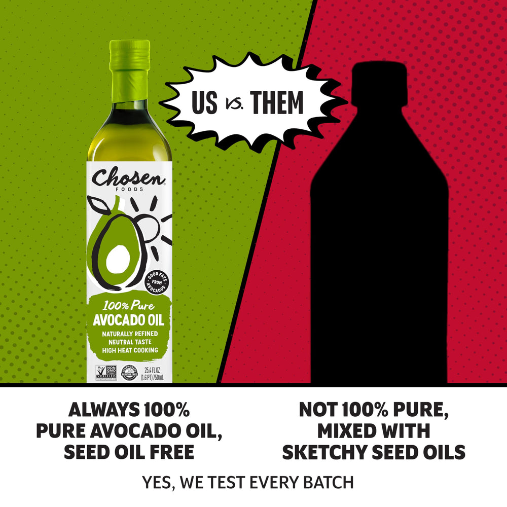 Chosen Foods vertiendo aceite en sartén caliente para saltear, resistente a altas temperaturas