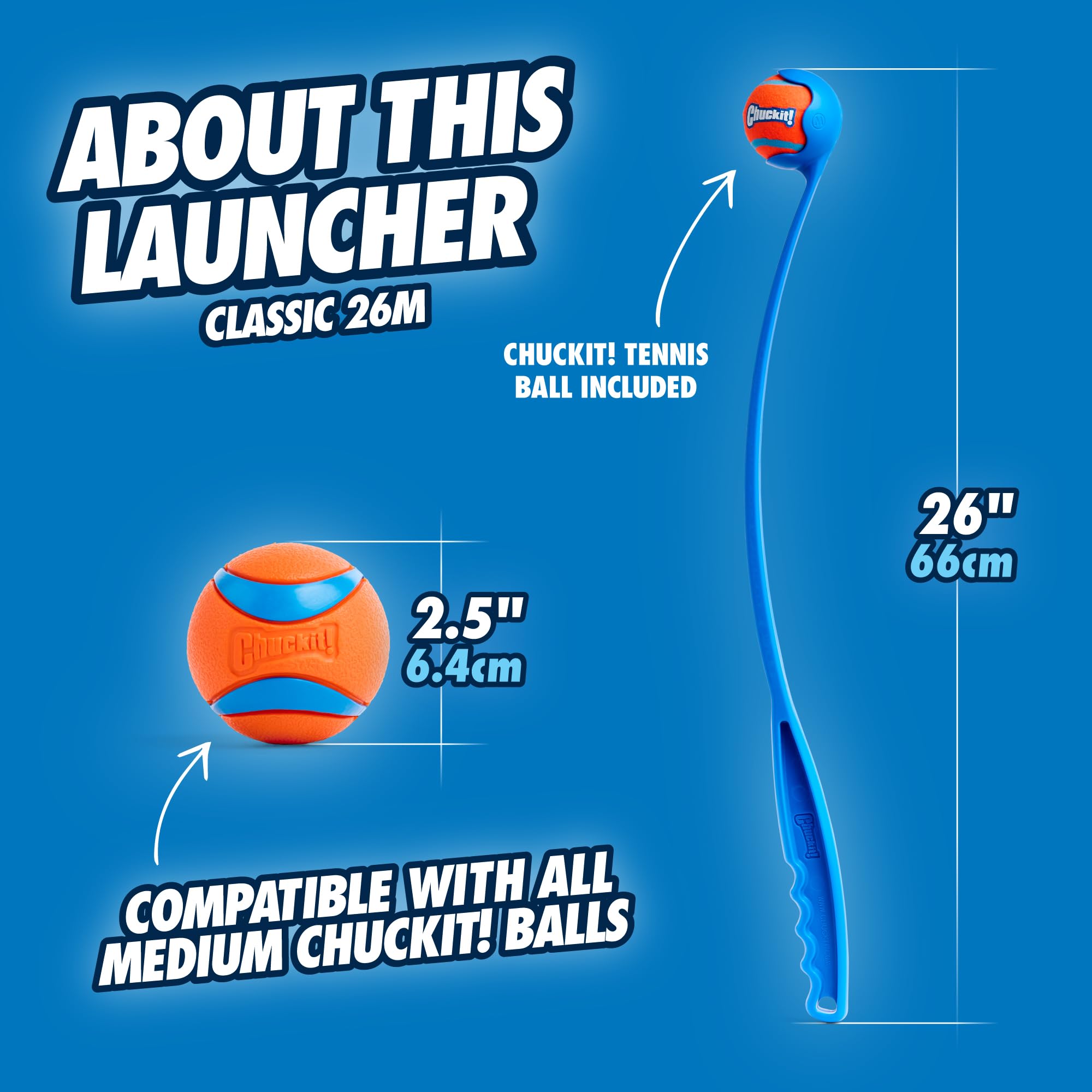 Chuckit! launcher side-by-side with a hand to show 26M reach and reduced bending