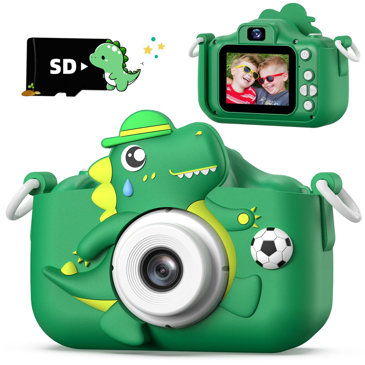 Cimizi cámara dinosaurio frontal mostrando diseño alegre y protección