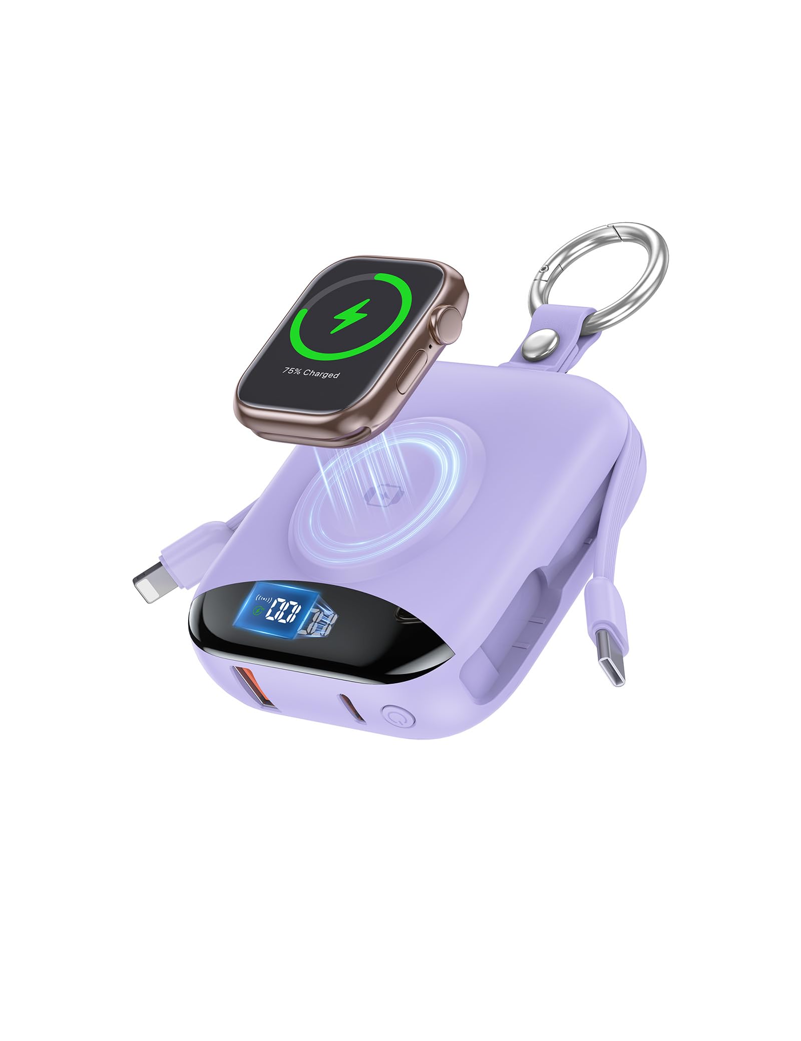 citicr vista frontal del power bank púrpura mostrando diseño compacto y atractivo
