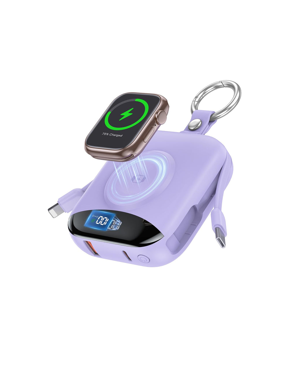 citicr vista frontal del power bank púrpura mostrando diseño compacto y atractivo
