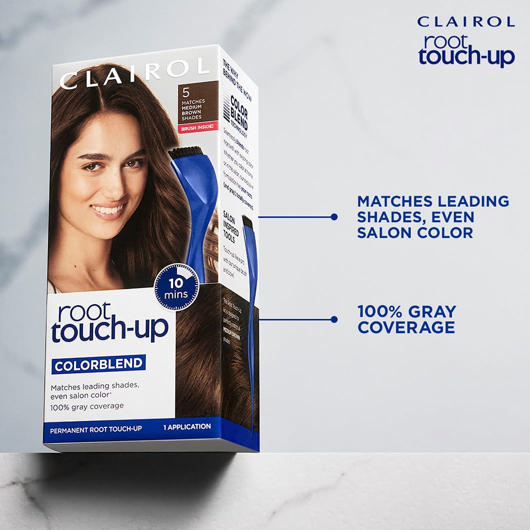 Clairol imagen antes y después demostrando cobertura de raíces y canas