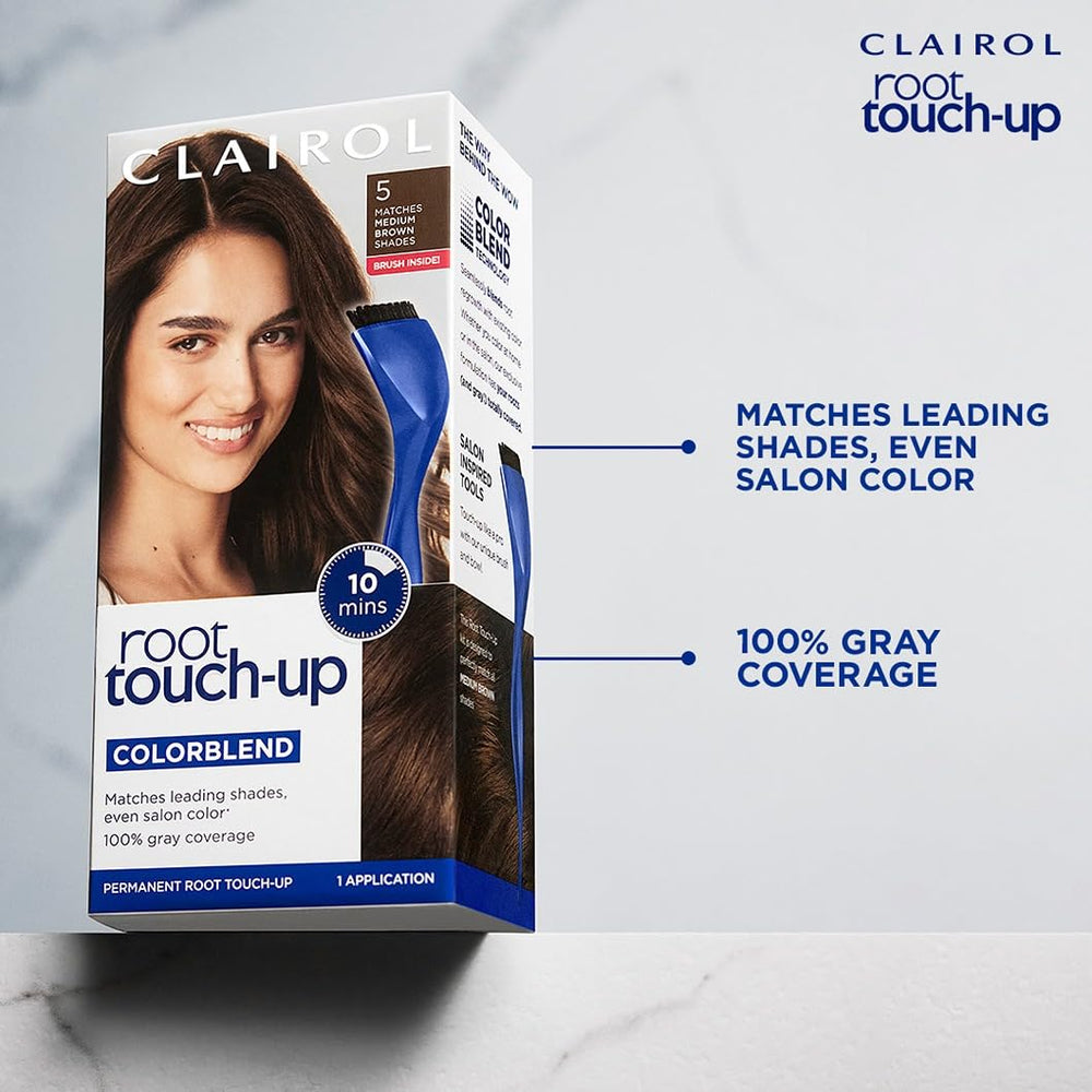 Clairol imagen antes y después demostrando cobertura de raíces y canas