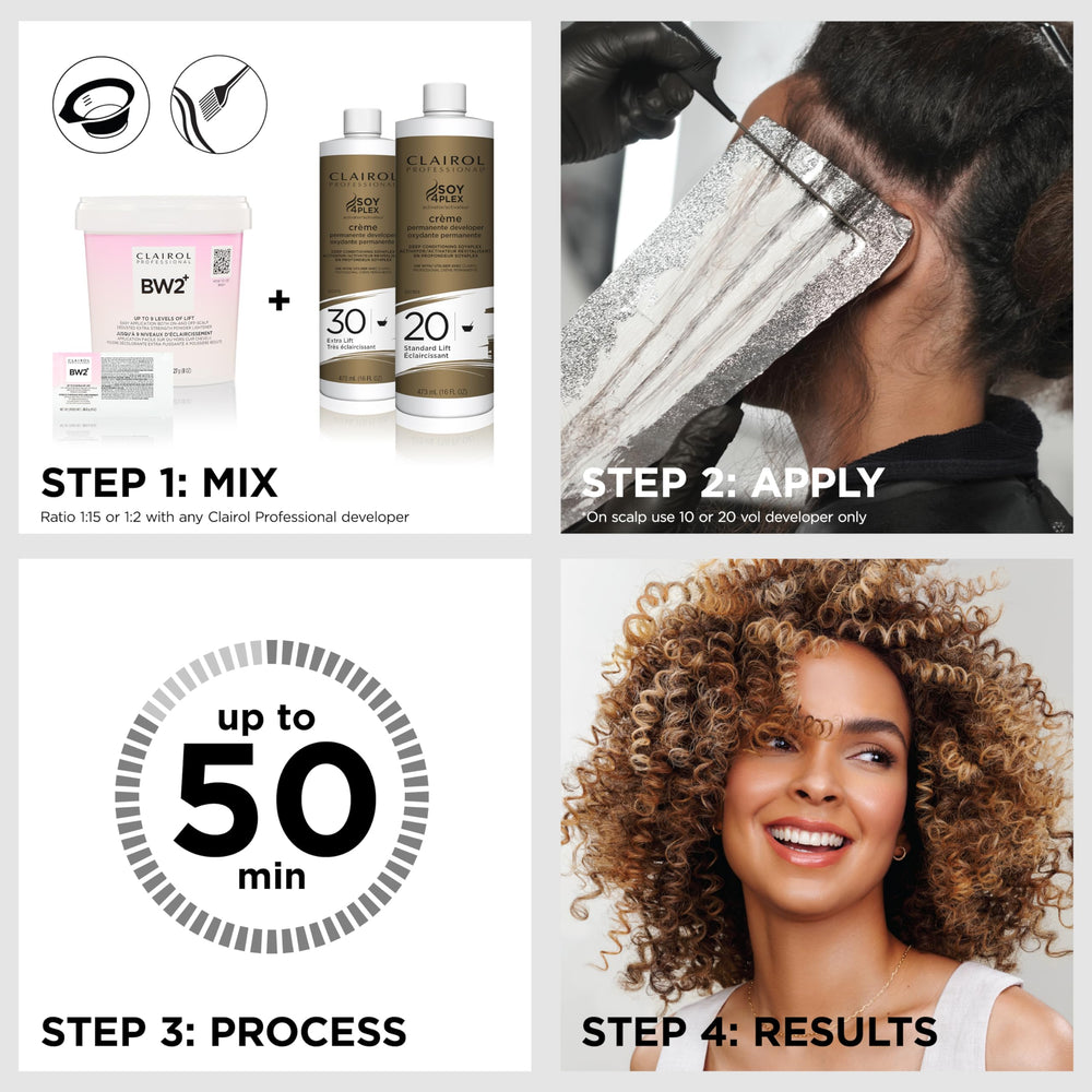 Clairol Professional etiqueta con ingredientes y guía de uso clara