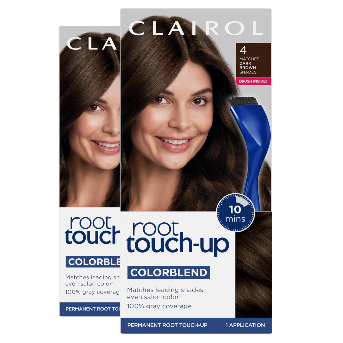 Clairol pack frontal mostrando kit Root Touch Up y beneficio de retoque rápido