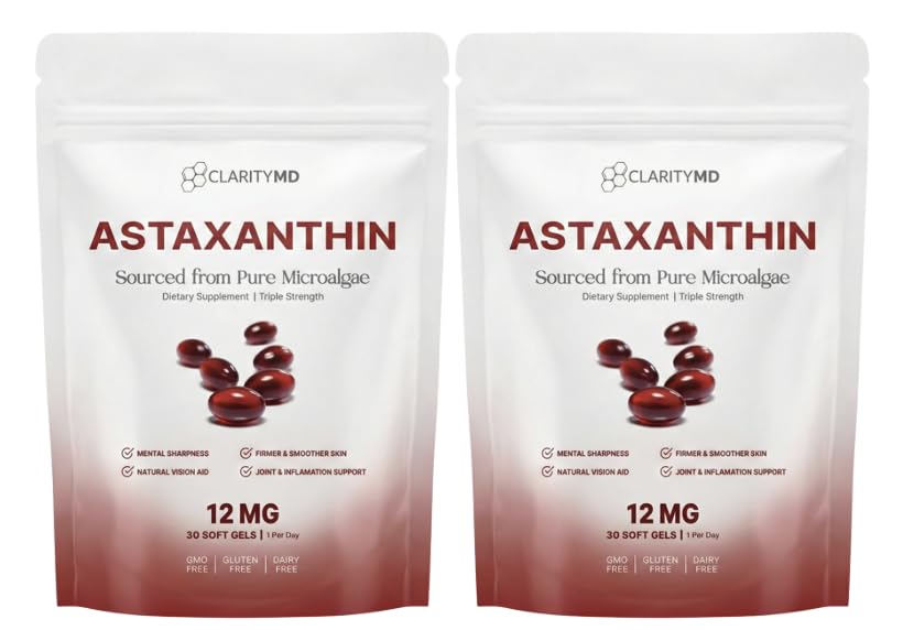 ClarityMD bottle front packaging showing 12mg astaxanthin and pack details for clarity