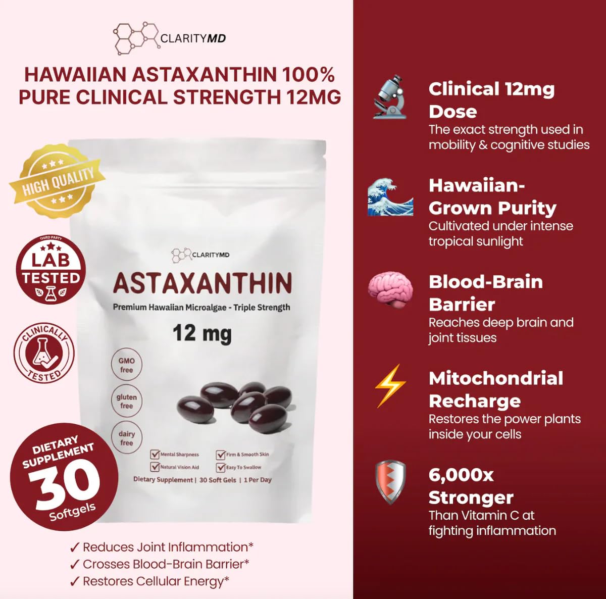 ClarityMD astaxanthin oil texture detail showing natural microalgae-derived lipid delivery