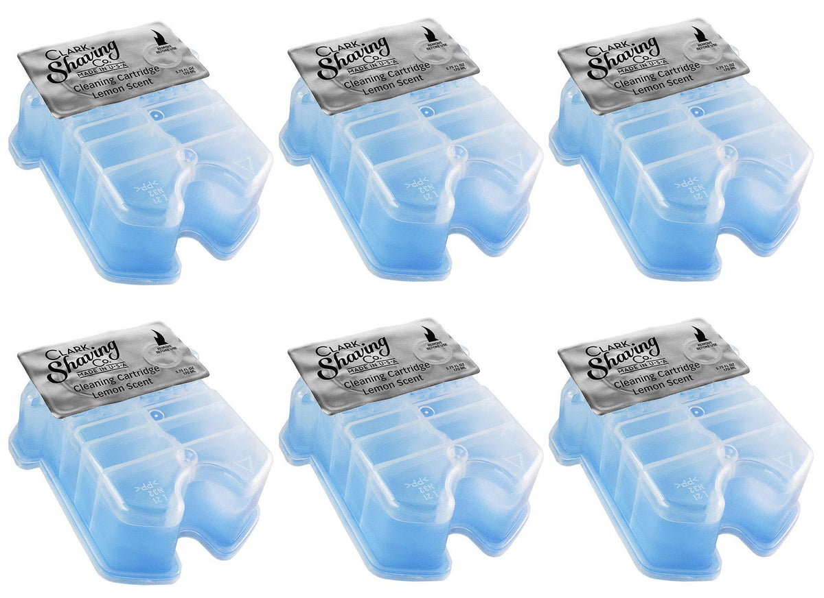 Clark Shaving Co cartucho frontal mostrando compatibilidad con Braun y beneficio de limpieza