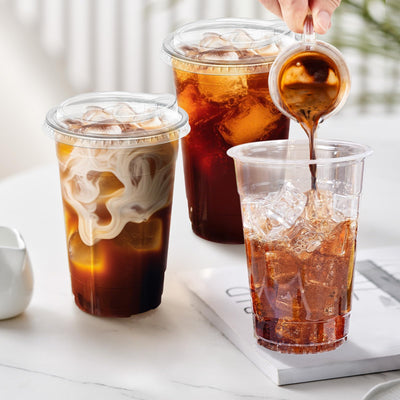 Clawsoff clear cups filled with iced coffee showcasing presentation