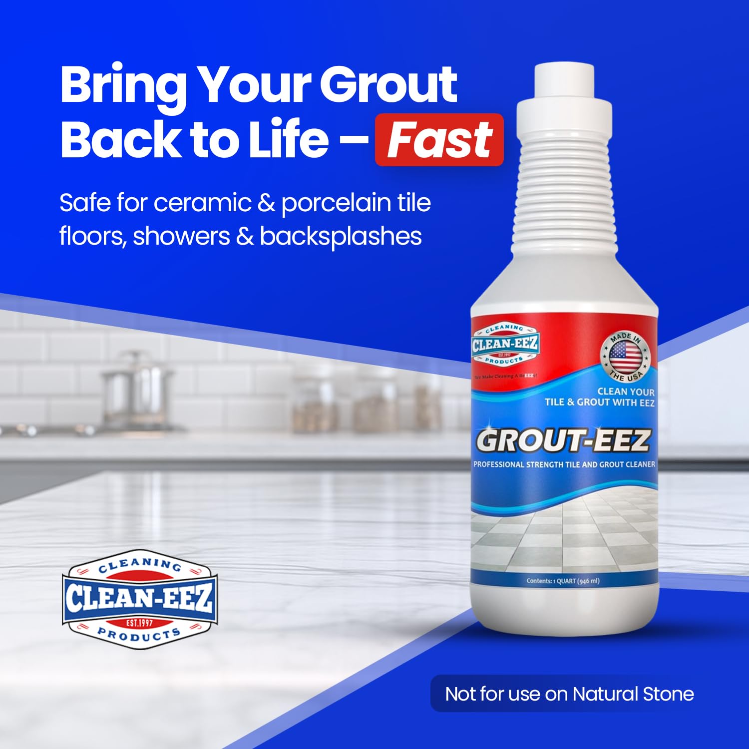 Clean-eez Grout-eez etiqueta con instrucciones claras y beneficios de limpieza