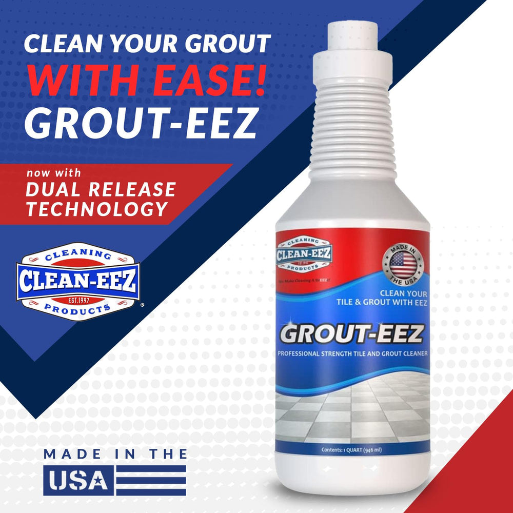Clean-eez Grout-eez en cocina limpiando suelo cerámico con resultados visibles
