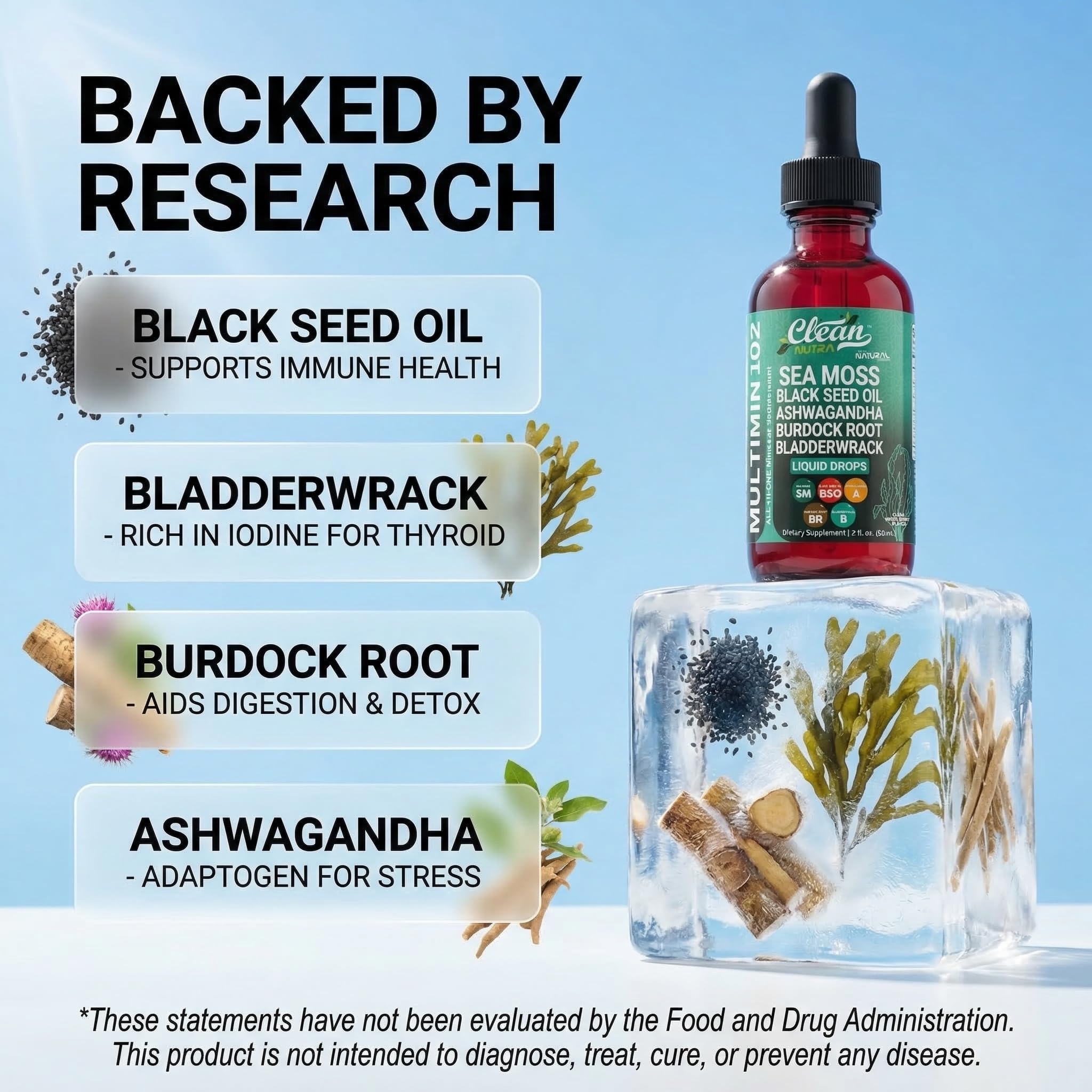 Clean Nutraceuticals etiqueta con lista de ingredientes clave y beneficios