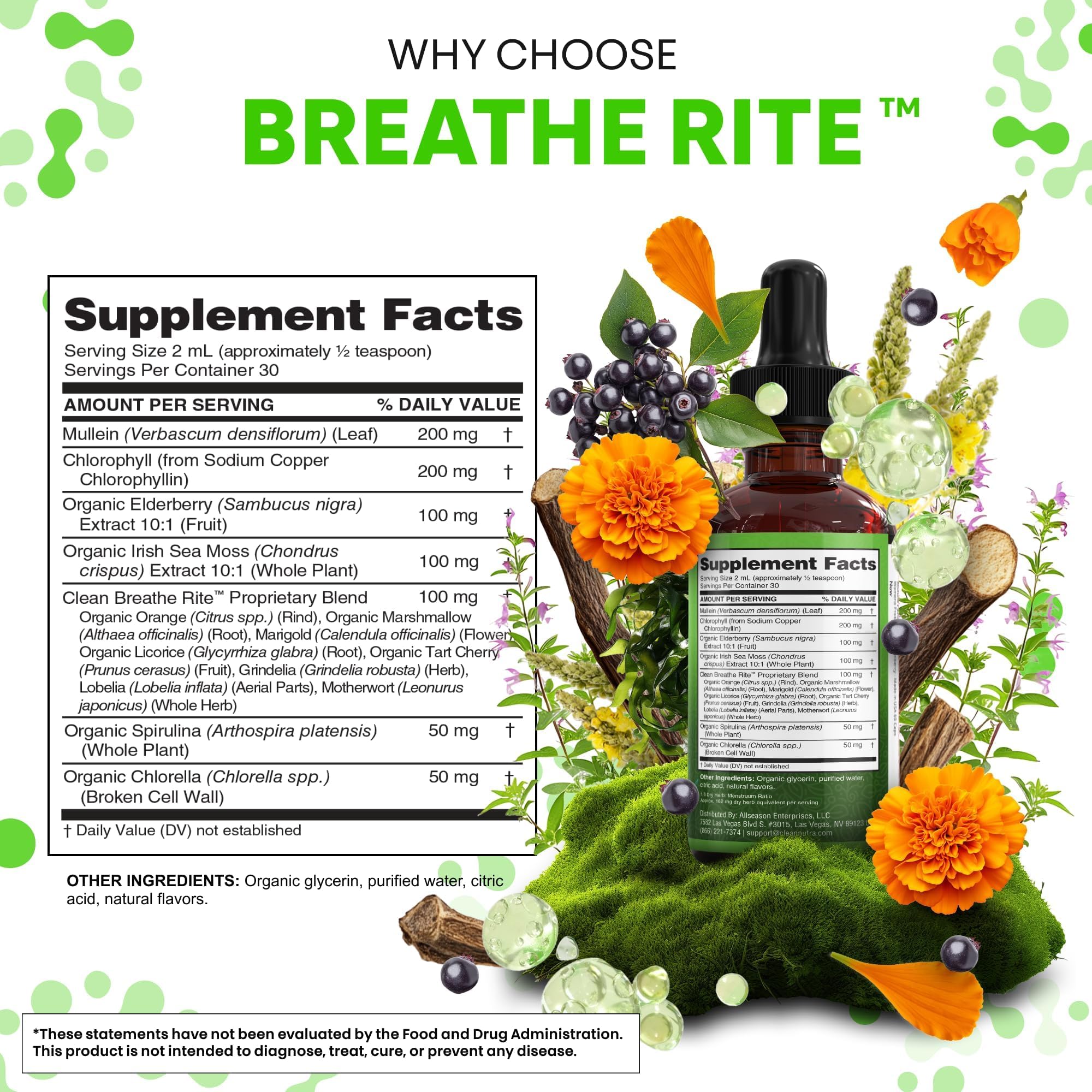 Clean Nutraceuticals etiqueta de Breathe Rite con lista de ingredientes orgánicos
