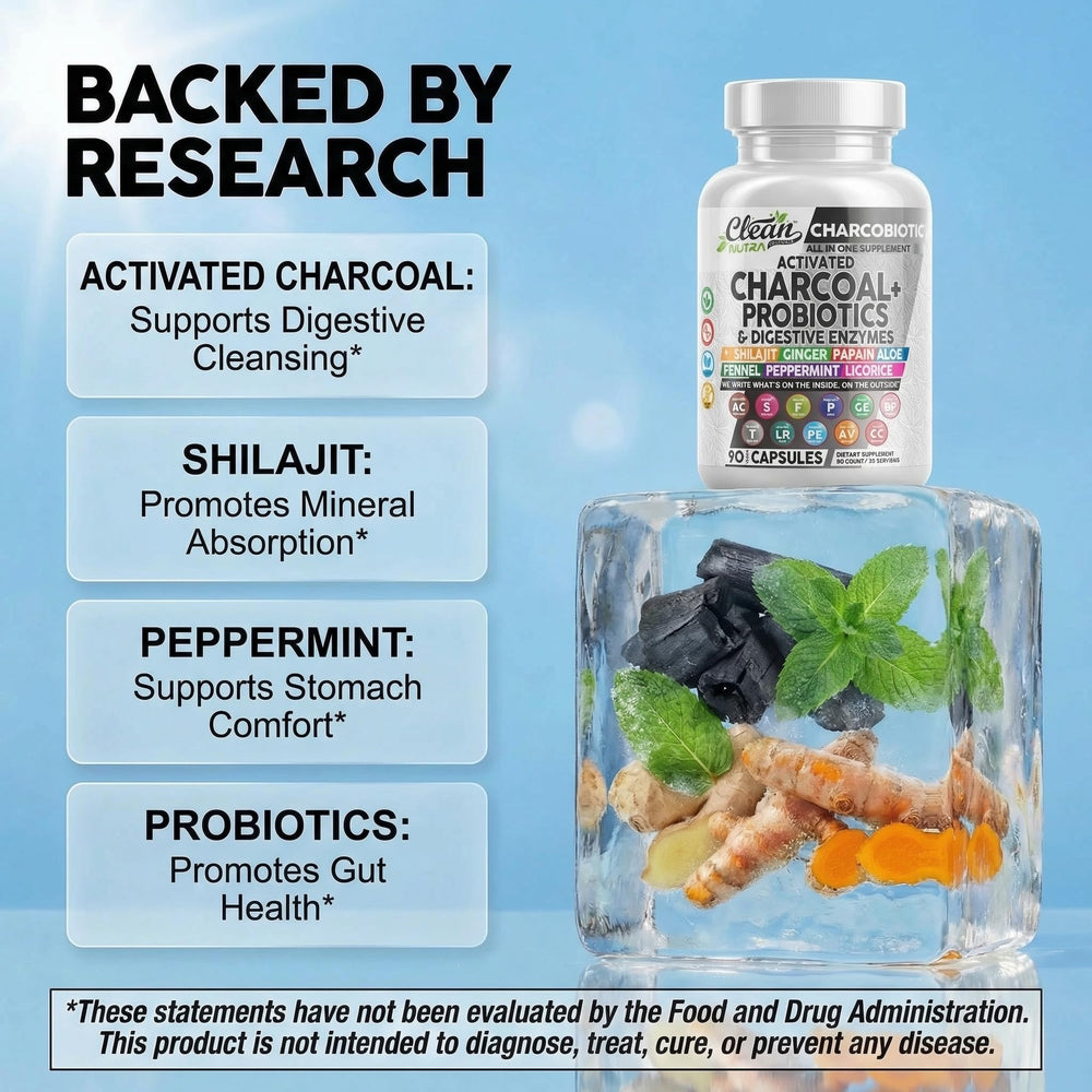 Clean Nutraceuticals mezcla de ingredientes: carbón, probióticos y hierbas visibles
