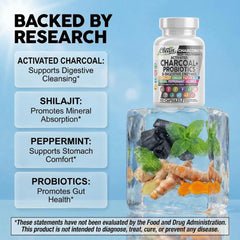 Clean Nutraceuticals mezcla de ingredientes: carbón, probióticos y hierbas visibles