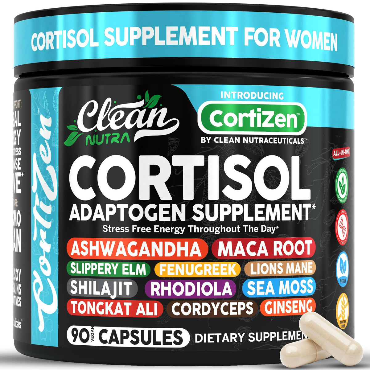 Clean Nutraceuticals vista frontal del envase con fórmulas adaptógenas