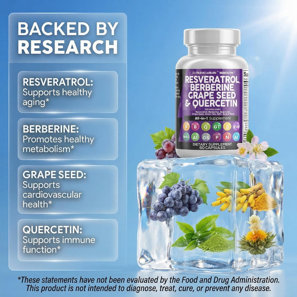Clean Nutraceuticals ingredient spread with grapes acai and botanicals showing antioxidant diversity