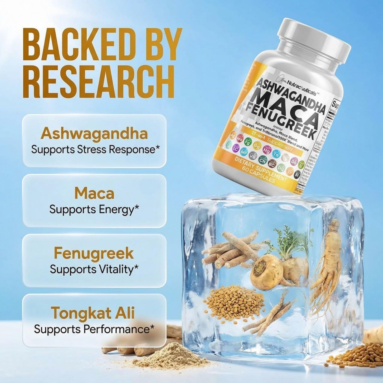 Clean Nutraceuticals raíz de maca, fenogreco y ashwagandha exhibidas