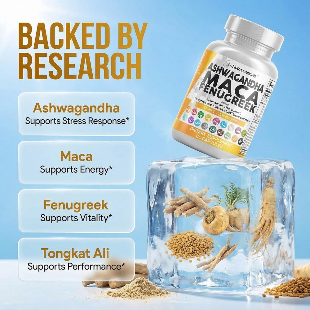Clean Nutraceuticals raíz de maca, fenogreco y ashwagandha exhibidas