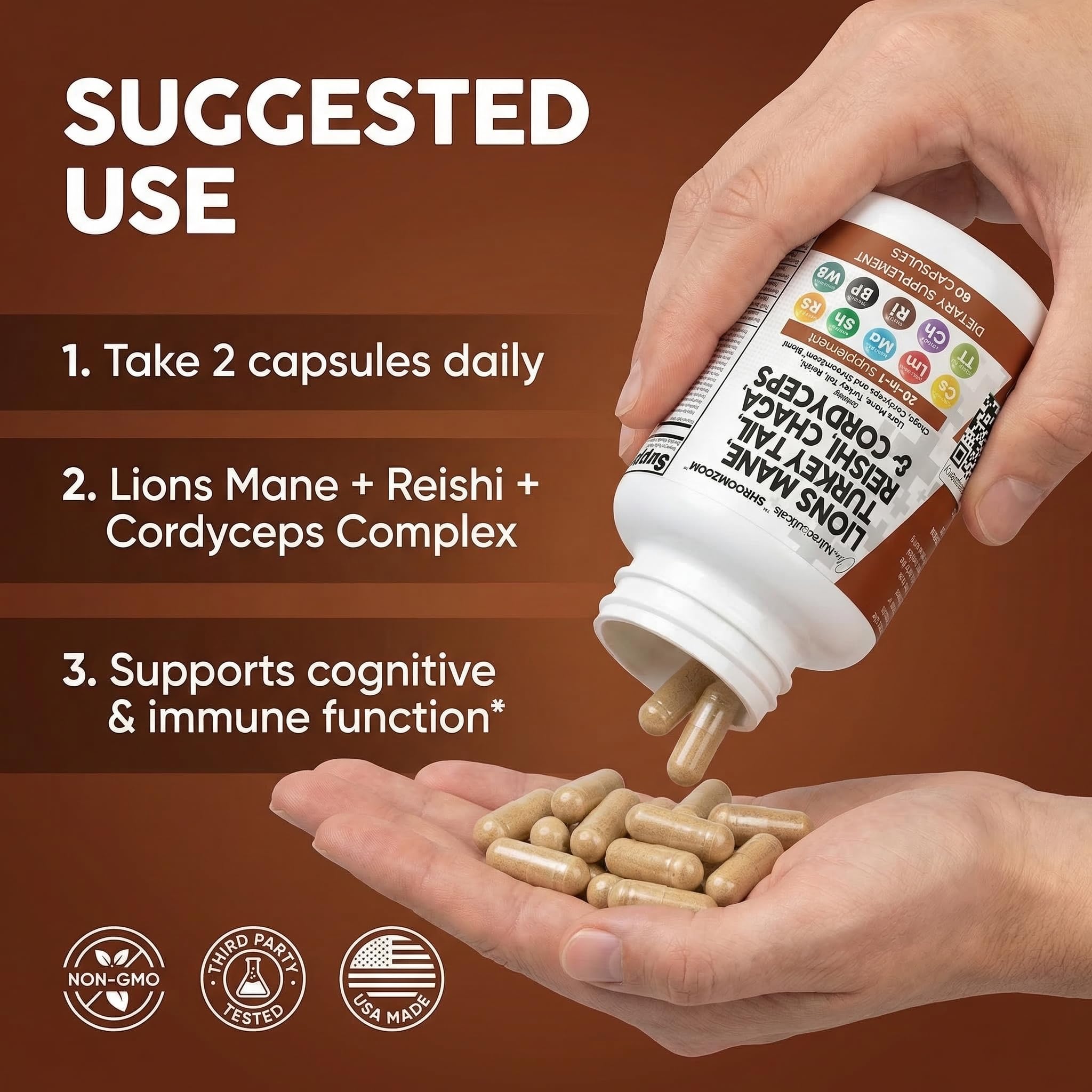 Clean Nutraceuticals etiqueta que lista 20 hongos, transparencia de ingredientes
