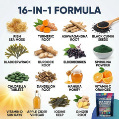 Clean Nutraceuticals mezcla de polvos de sea moss y cúrcuma mostrando variedad de ingredientes