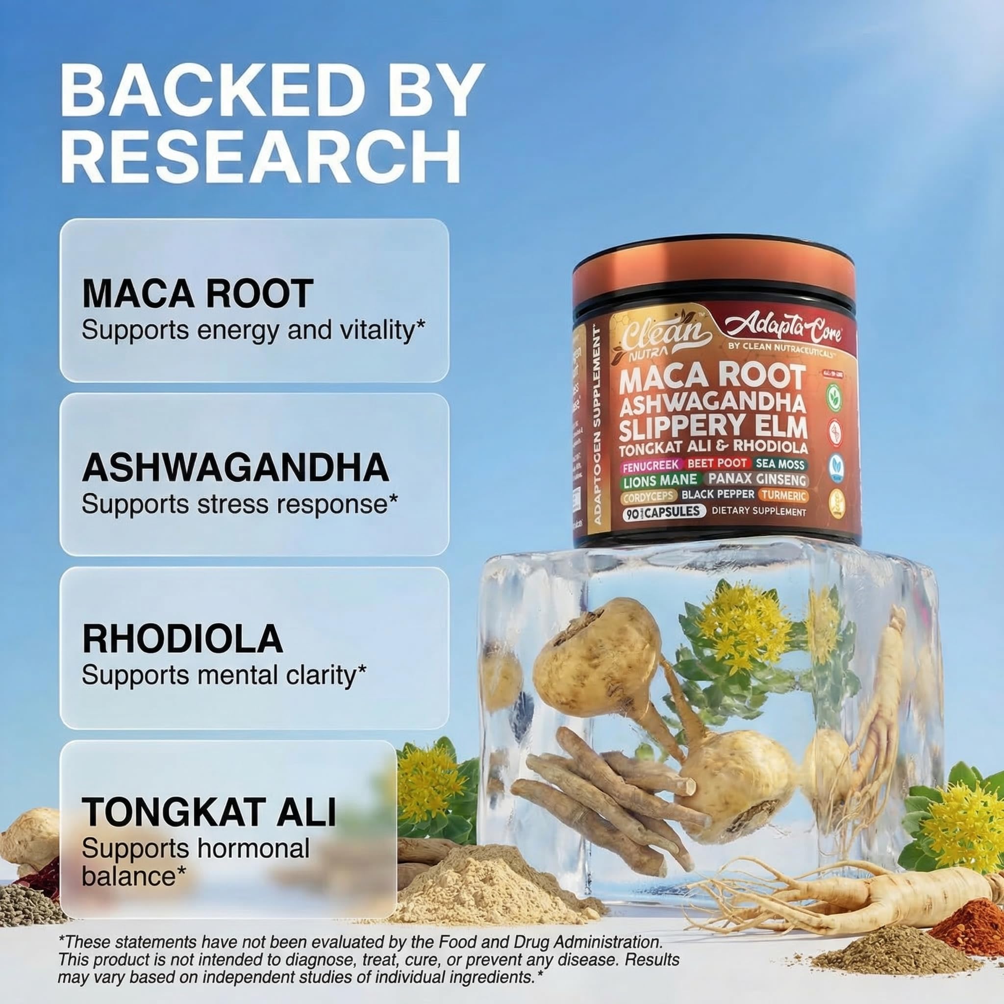 Clean Nutraceuticals polvo de maca orgánica cerca, riqueza nutritiva visible