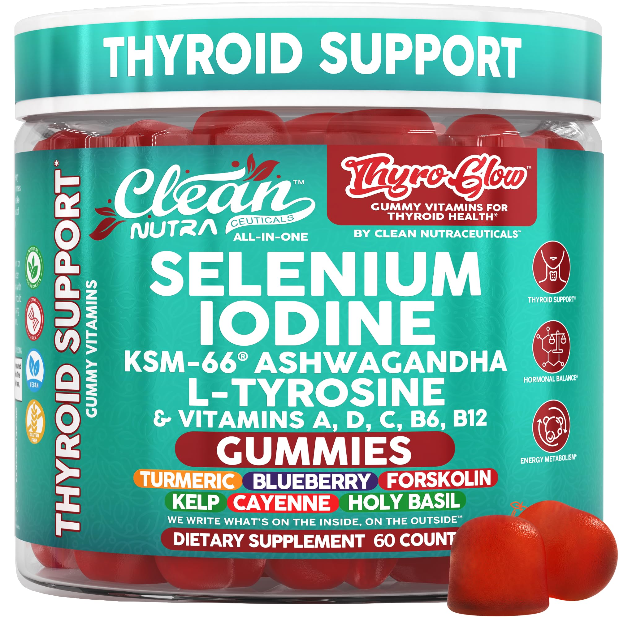 Clean Nutraceuticals frasco frontal mostrando ThyroGlow, apoyo nutritivo fácil