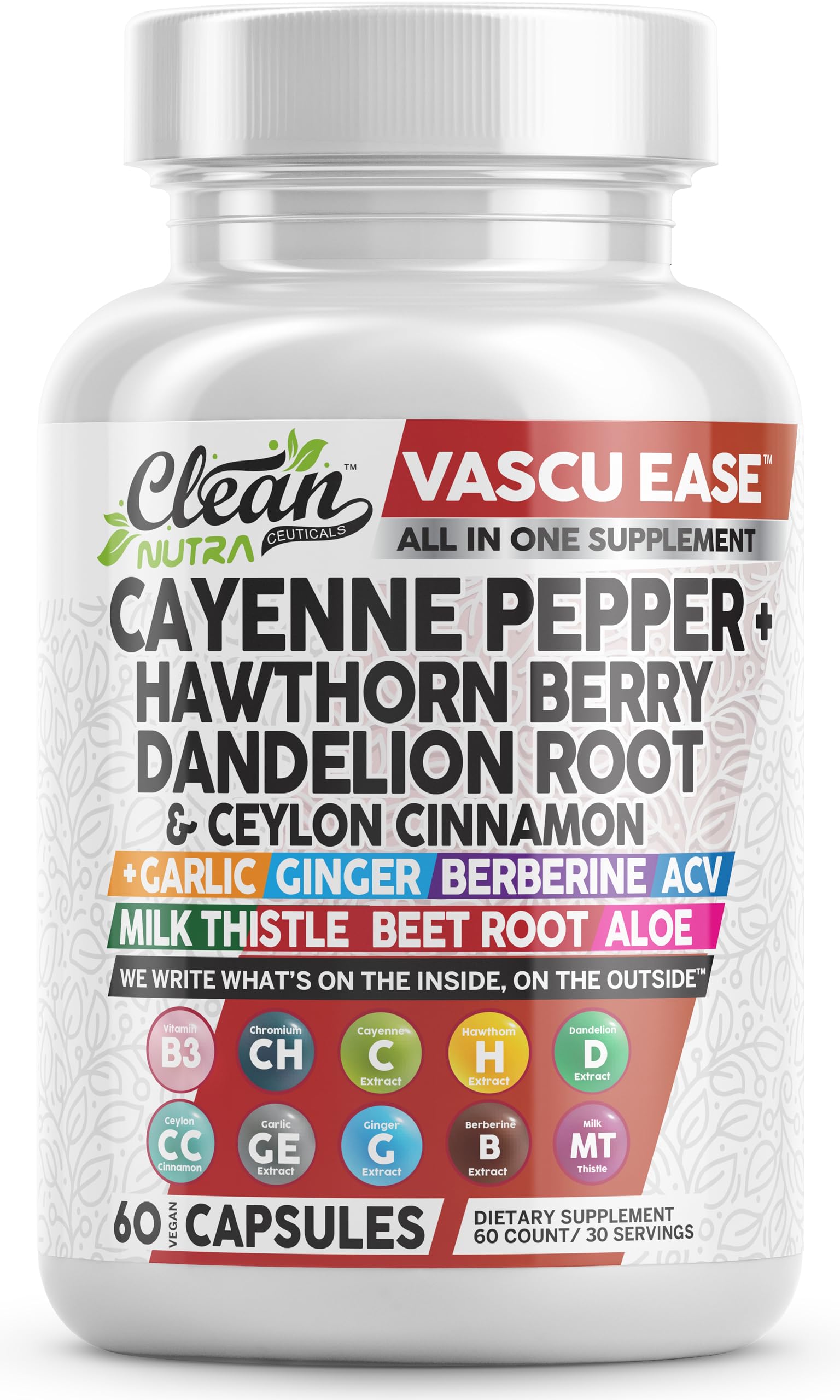 Clean Nutraceuticals Vascu Ease front label showing product benefits
