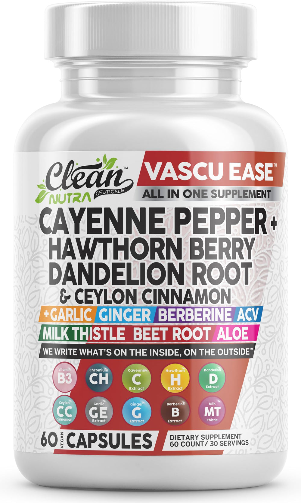 Clean Nutraceuticals Vascu Ease front label showing product benefits