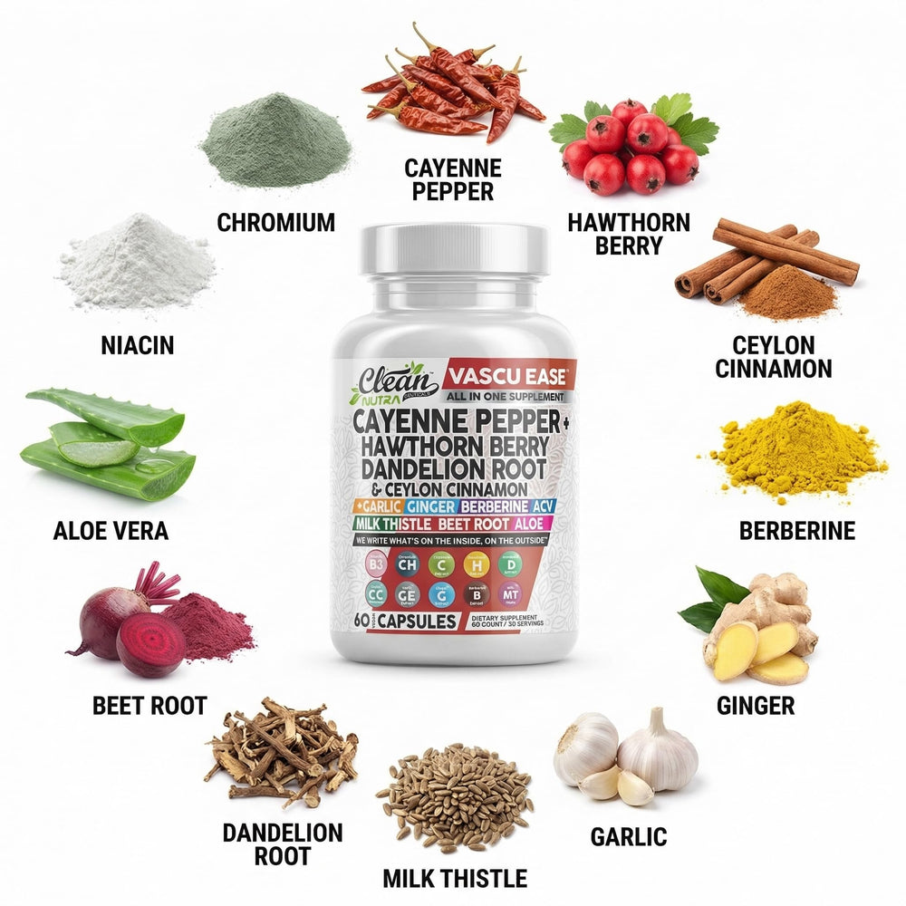 Clean Nutraceuticals ingredient flatlay with cayenne, cinnamon, beet and herbs showcasing variety